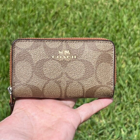 COACH Signature Logo Coated Canvas Double Zip Wallet - Picture 1 of 15
